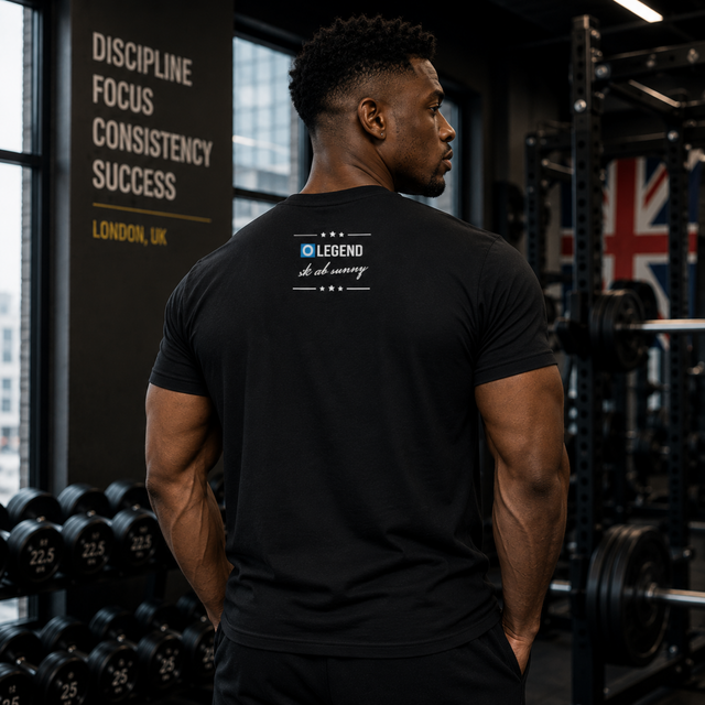 Back view of a muscular male fitness model in a gym wearing a black Gym Supplements U.S Fitness T-Shirt featuring the custom design "O LEGEND sk ab sunny" printed on the back.