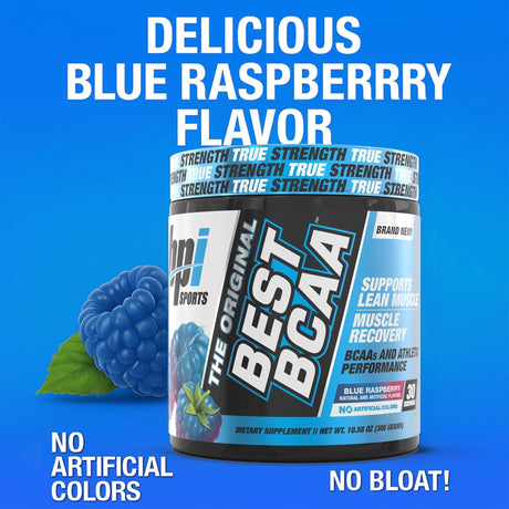 BPI Sports Best BCAA Blue Raspberry 30 servings tub, authentic gym supplement for lean muscle and recovery.