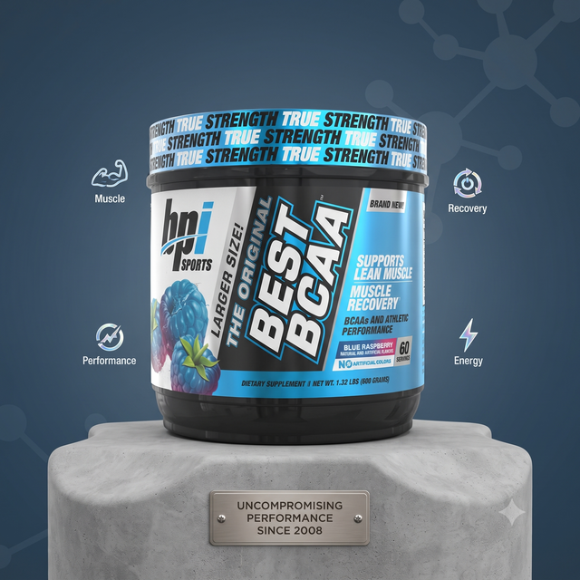 BPI Sports Best BCAA Blue Raspberry supplement container displayed on a pedestal, highlighting benefits for lean muscle, recovery, athletic performance, and energy. 