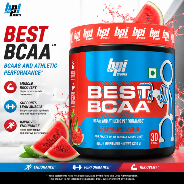 BPI Sports Best BCAA Watermelon Flavour 300g BCAA supplement tub with premium website product presentation.