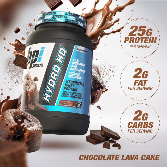 BPI Sports Hydro HD Hydrolyzed Whey Protein tub, Chocolate Lava Cake flavor, listing 25g protein, 2g fat, and 2g carbs per serving