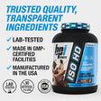 BPI Sports ISO HD 100% Pure Isolate Protein in Chocolate Brownie flavor (5 lbs tub). Features include 25g protein, 2g carbs, 69 servings, fast absorption, rapid muscle recovery, lab-tested quality, and manufactured in the USA.