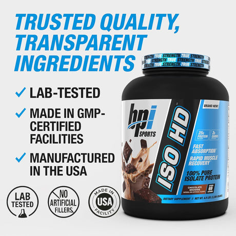 BPI Sports ISO HD 100% Pure Isolate Protein in Chocolate Brownie flavor (5 lbs tub). Features include 25g protein, 2g carbs, 69 servings, fast absorption, rapid muscle recovery, lab-tested quality, and manufactured in the USA.