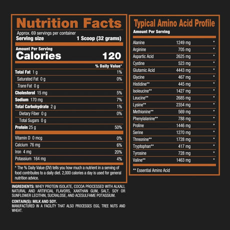 BPI Sports ISO HD Chocolate Brownie nutrition facts and typical amino acid profile chart. Shows 120 calories, 25g protein, 1g fat, and 2g carbohydrates per 32g scoop, listing whey protein isolate ingredients and essential amino acids.