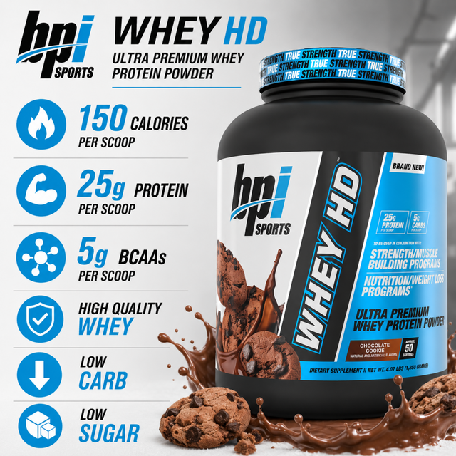 BPI Sports Whey HD ultra premium whey protein powder in Chocolate Cookie flavor, 4.1 lbs tub providing 50 servings with 25g protein and 5g BCAAs per scoop.