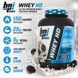 BPI Sports Whey HD ultra premium whey protein powder in Milk and Cookies flavor, 4.1 lbs tub providing 50 servings with 25g protein and 150 calories per scoop.