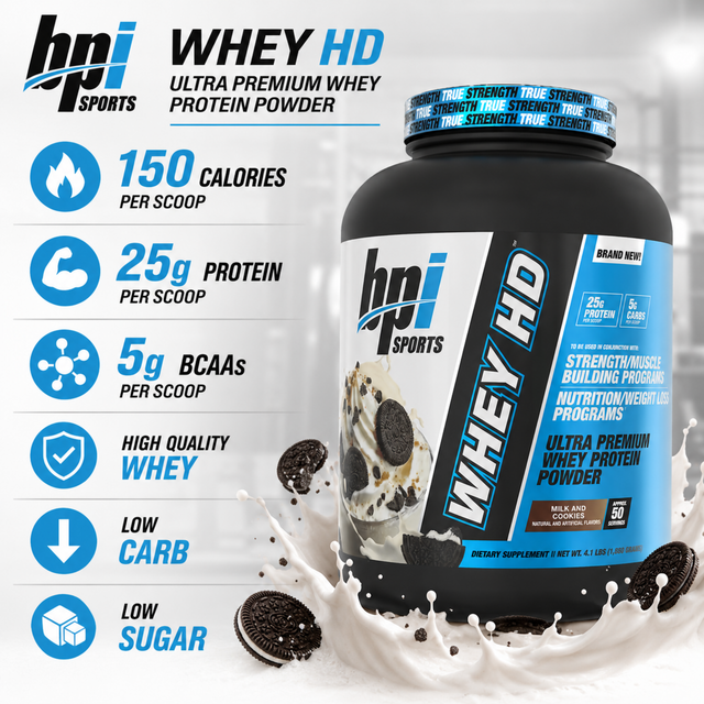 BPI Sports Whey HD ultra premium whey protein powder in Milk and Cookies flavor, 4.1 lbs tub providing 50 servings with 25g protein and 150 calories per scoop.