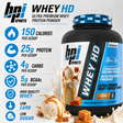 BPI Sports Whey HD ultra premium whey protein powder in Vanilla Caramel flavor, 4.1 lbs tub providing 50 servings with 25g protein and 150 calories per scoop.