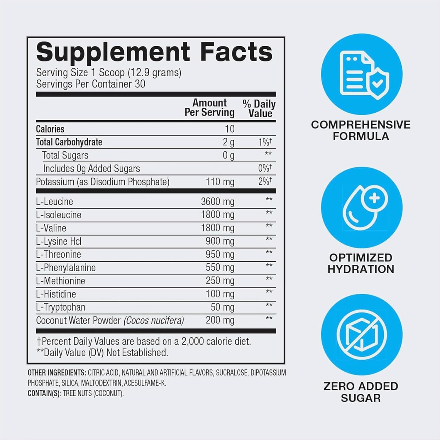 Close-up of BPI Sports Best EAA Supplement Facts label detailing dosages of all nine essential amino acids (EAAs) and electrolytes for hydration.