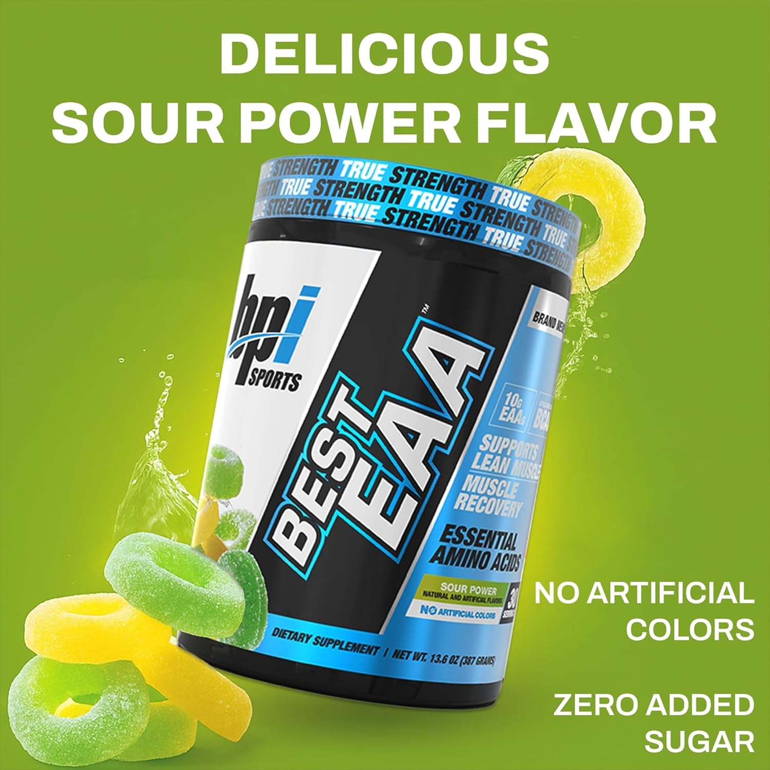 BPI Sports Best EAA Essential Amino Acids supplement in Sour Power flavor. Supports lean muscle and recovery with 10g EAAs and zero added sugar.