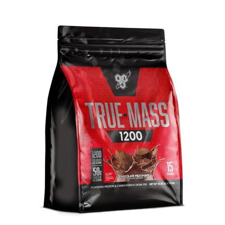 BSN True-Mass 1200 high calorie weight gainer bag, chocolate milkshake flavor, 15 servings.