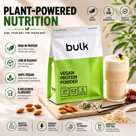 Bulk Vegan Protein Powder featuring 27g of protein, 0.2g sugars, and 5 plant-based protein sources, ideal for muscle support, energy, and easy digestion.