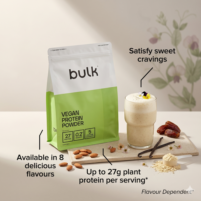 Bulk Vegan Protein Powder with creamy plant-based protein shake, almonds, vanilla pods, and natural ingredients 