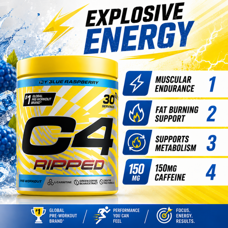 C4 Ripped Icy Blue Raspberry pre-workout with endurance fat burning support metabolism and 150mg caffeine