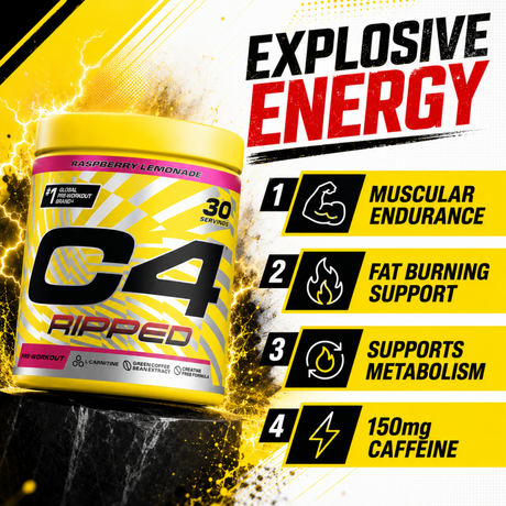 C4 Ripped Raspberry Lemonade pre-workout with muscular endurance fat burning support and 150mg caffeine