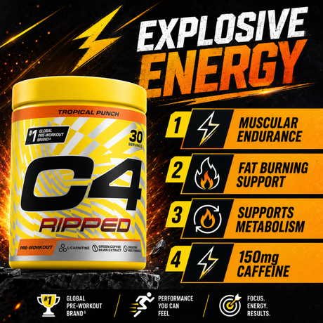 C4 Ripped Tropical Punch pre-workout with muscular endurance fat burning support metabolism and 150mg caffeine