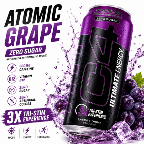 C4 Ultimate Energy Atomic Grape Zero Sugar energy drink can with grapes, ice cubes, and purple splash highlighting 300mg caffeine, Vitamin B12, and 3X Tri Stim Experience.