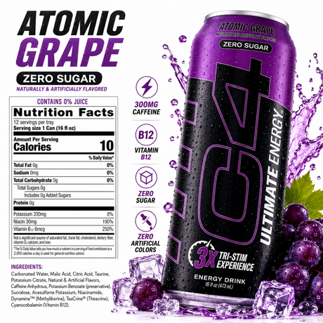 C4 Ultimate Energy Drink Atomic Grape Zero Sugar with 300mg caffeine energy drink can