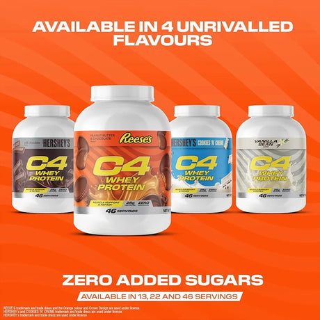 Four tubs of C4 Whey Protein in Hershey's Milk Chocolate, Reese's Peanut Butter & Chocolate, Hershey's Cookies 'N' Creme, and Vanilla Bean flavors, highlighting zero added sugars and multiple serving sizes