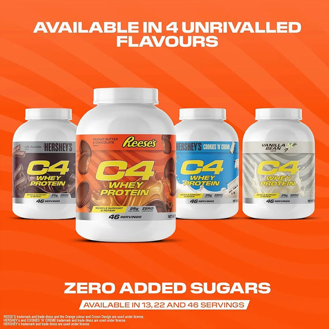 Four tubs of C4 Whey Protein in Hershey's Milk Chocolate, Reese's Peanut Butter & Chocolate, Hershey's Cookies 'N' Creme, and Vanilla Bean flavors, highlighting zero added sugars and multiple serving sizes