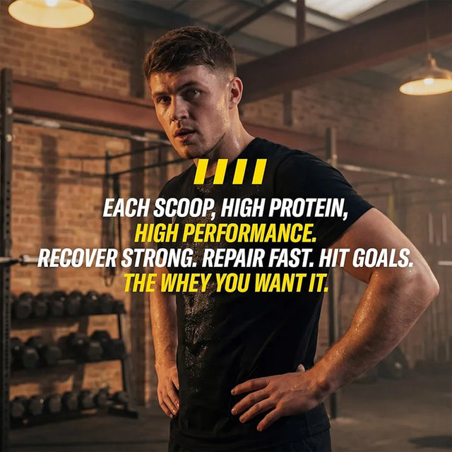 A determined athlete in a gym setting featuring the C4 Whey Protein slogan: 'Each scoop, high protein, high performance. Recover strong. Repair fast. Hit goals. The whey you want it.