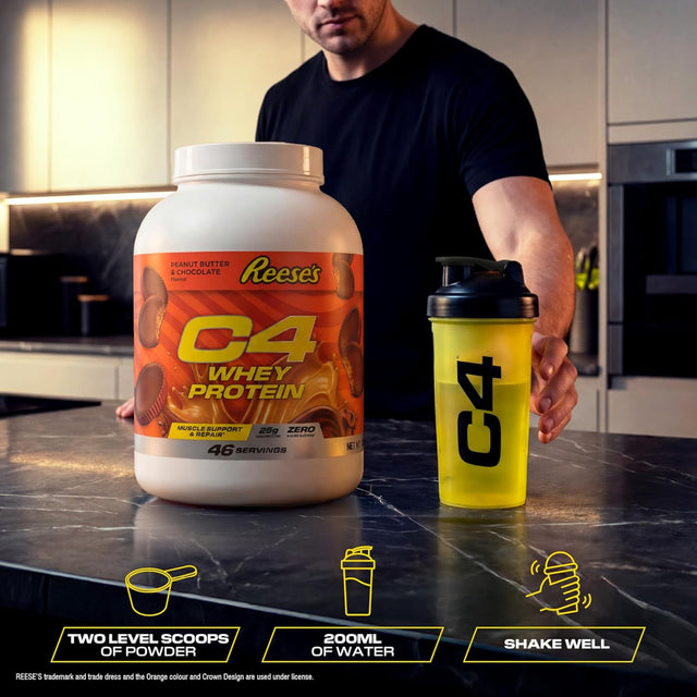 C4 Whey Protein Reese's Peanut Butter and Chocolate flavor supplement tub, 46 servings, with 25g protein and zero added sugar, shown with a C4 shaker bottle.