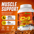 Tub of C4 Whey Protein in Reese's Peanut Butter & Chocolate flavor, showing 25g protein and 0g added sugar for muscle support.