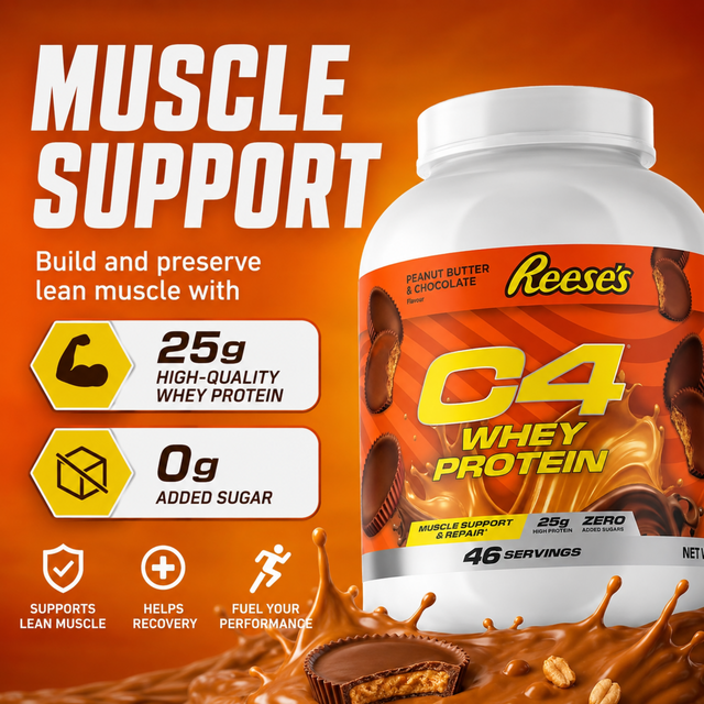 Tub of C4 Whey Protein in Reese's Peanut Butter & Chocolate flavor, showing 25g protein and 0g added sugar for muscle support.