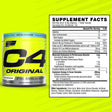 C4 ORIGINAL Pre-Workout Supplement Facts in Icy Blue Razz. Key ingredients: Beta-Alanine (1.6g), Creatine Nitrate (1g), Caffeine Anhydrous (150mg), and L-Citrulline.