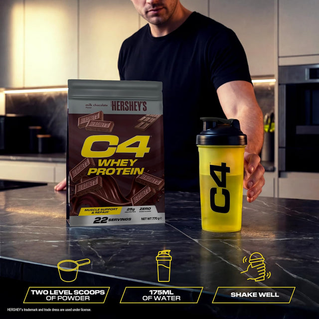 Cellucor C4 Whey Protein Hershey’s Milk Chocolate 770g mixing instructions showing two level scoops, 175ml water and shake well