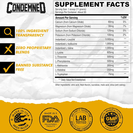 Condemned Confined Essential Supplement Facts – 3:1:1 BCAA, full amino profile, banned substance free, GMP certified