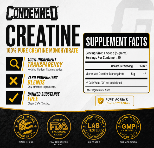Condemned Labz Creatine Monohydrate Supplement Facts label showing 5g pure micronized creatine per serving and GMP certified badges