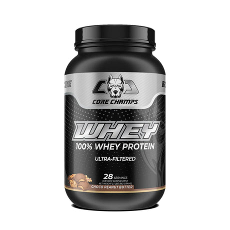 Core Champs 100% Whey Protein Ultra-Filtered Choco Peanut Butter flavor, 2.1 lb tub with 28 servings.