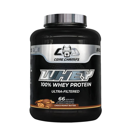 Core Champs 100% Whey Protein Ultra-Filtered Choco Peanut Butter flavor, 5lb tub with 66 servings.