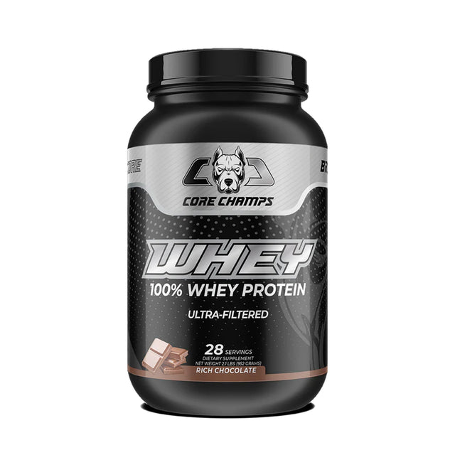 Core Champs 100% Whey Protein Ultra-Filtered Rich Chocolate flavor, 2.1 lb tub with 28 servings.