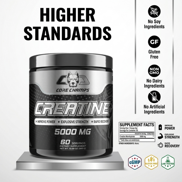 CORE CHAMPS Creatine 5000MG supplement container featuring micronized creatine monohydrate to support muscle strength, power, endurance, and workout performance.