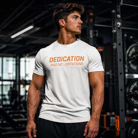Fitness athlete wearing a white Dedication Has No Limitations gym T-shirt