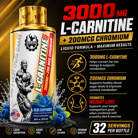 Dexter Jackson L-Carnitine 3200 Blue Raspberry liquid supplement with 3000mg L-Carnitine and 200mcg Chromium for fat metabolism, energy, endurance, and weight management.