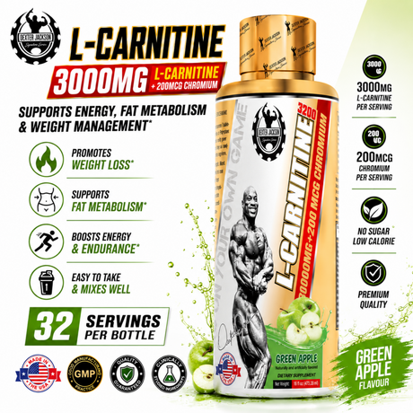 Dexter Jackson L-Carnitine 3200 Green Apple liquid supplement with 3000mg L-Carnitine and Chromium for fat burning, energy, and endurance.