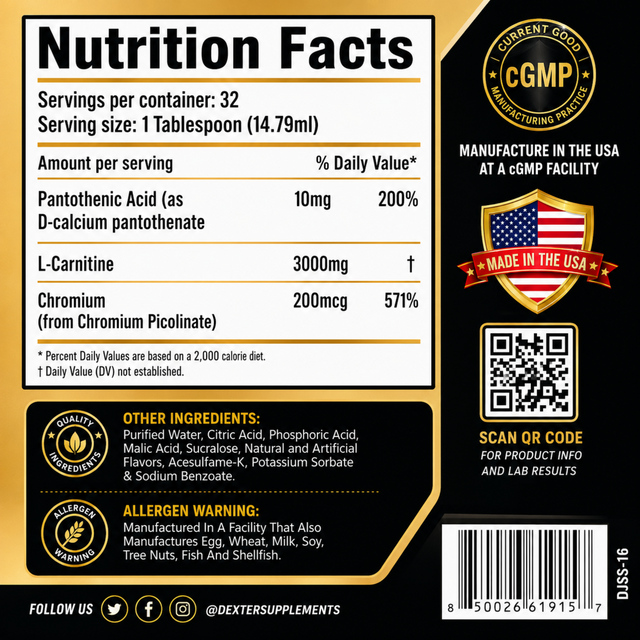 Dexter Jackson L-Carnitine 3200 supplement nutrition facts label showing 3000mg L-Carnitine, 200mcg Chromium, and ingredients.