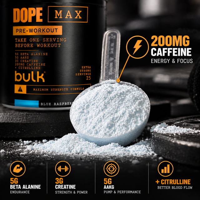 DOPE MAX Pre-Workout Blue Raspberry with 200mg caffeine, 5g beta alanine, 3g creatine and 5g AAKG