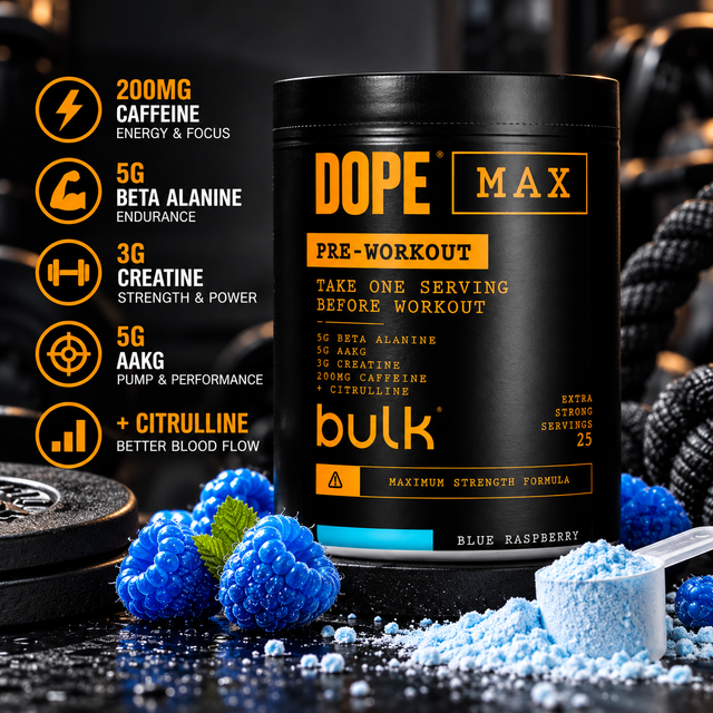 DOPE MAX Pre-Workout Blue Raspberry with 200mg caffeine, beta alanine and creatine