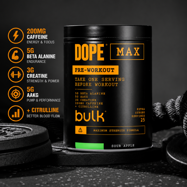 DOPE MAX Pre-Workout Sour Apple with 200mg caffeine, 5g beta alanine and 3g creatine.