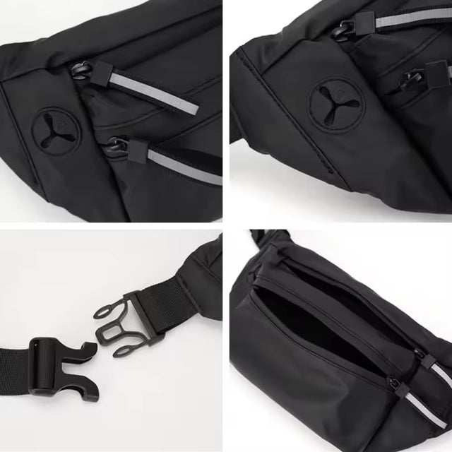 Detailed product collage showing the buckle, logo branding, reflective zipper pulls, and adjustable strap quality of the sports waist bag