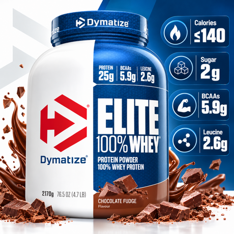 Dymatize Elite 100% Whey Chocolate Fudge 4.7 lb protein powder featuring 25g protein, 5.9g BCAAs and 2.6g leucine per serving.

