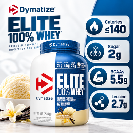 Dymatize Elite 100% Whey Gourmet Vanilla 5lb protein powder with 25g protein, 5.5g BCAAs and 2.7g leucine per serving.