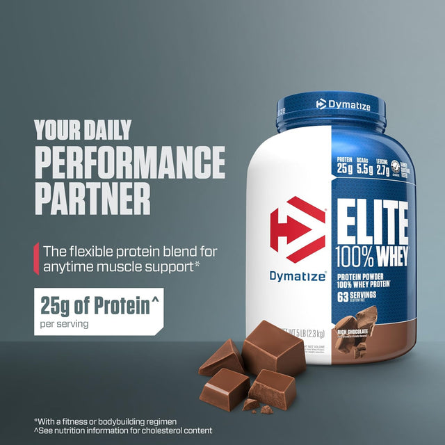 Dymatize Elite 100% Whey Protein powder in Rich Chocolate flavor, 5lb tub, providing 25g of protein per serving for muscle support and recovery.