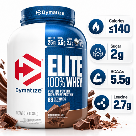 Dymatize Elite 100% Whey Rich Chocolate 5lb protein powder featuring 25g protein, 5.5g BCAAs and 2.7g leucine per serving.