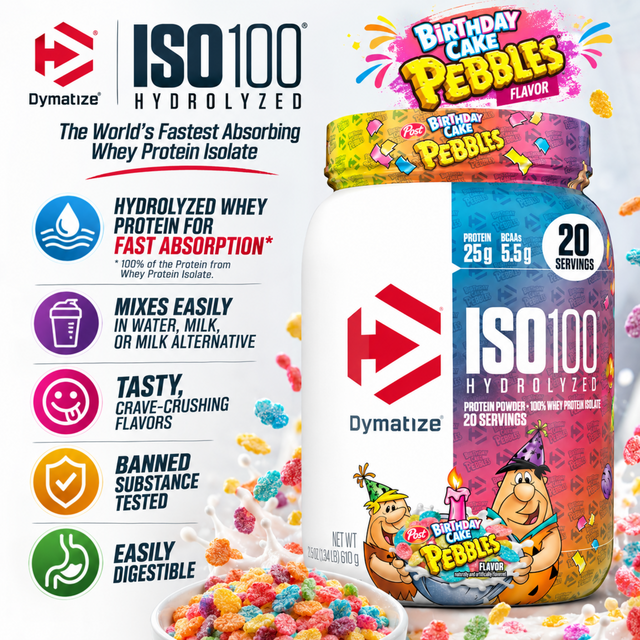 Dymatize ISO100 Hydrolyzed Whey Protein Isolate powder in Birthday Cake Pebbles flavor, 1.34 lbs tub providing 20 servings with 25g protein and 5.5g BCAAs per scoop.