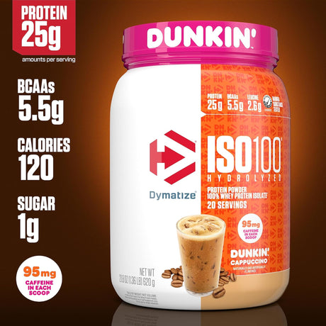 Authentic Dymatize ISO100 Dunkin' Cappuccino Whey Protein Isolate, 825g, available at Gym Supplements U.S.
